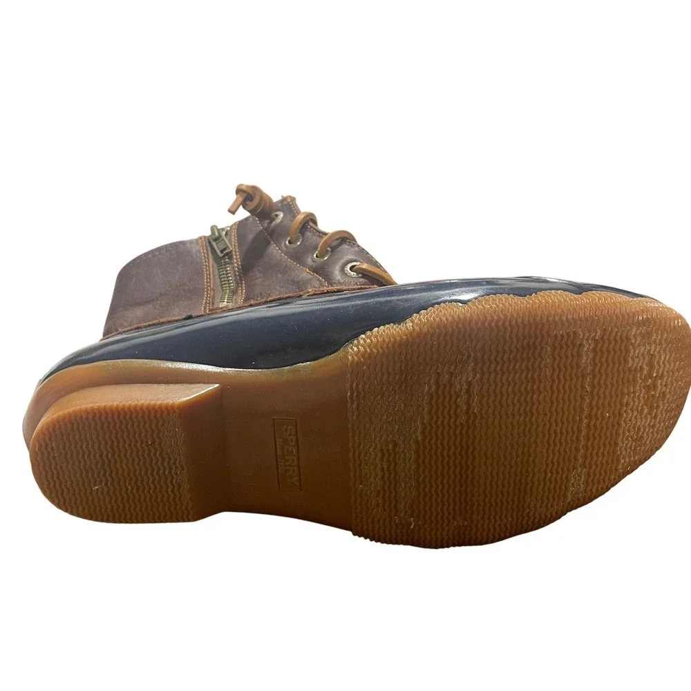 Sperry Saltwater Women Navy Brown Waterproof Rubber Leather Duck Boots 6M